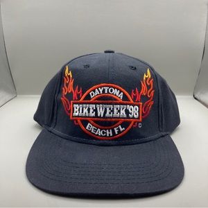 Vintage 1998 Daytona Beach Bike Week Snapback Hat 6 Panel - Black Hat with Flame